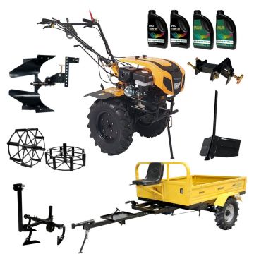 ProGARDEN Pachet Campo 1844 Motocultor 18CP + Remorca RM600C + Plug bilonat + Plug reversibil + Prasitoare + Adaptor + 2 roti metalice 540x170 + 4L Ulei