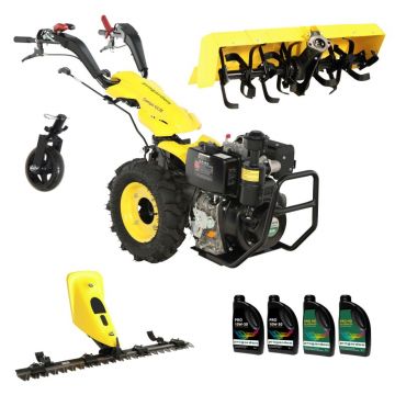 ProGARDEN Pachet Campo U12E Motocultor 12CP + BC120M Bara cosire 120cm + Roata sustinere + FT90 Freza tractata 90cm + 4L Ulei