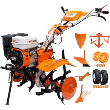 Ruris Motocultor pe benzina Ruris 731acc1, putere 8.5 CP, 4 timpi, 2+1 viteze, 83 cm latime lucru, 34 cm adancime lucru, priza de putere,contine:roti cauciuc+rarita+plug+adaptor+dispozitiv scos cartofi+roti metalice+cultivator