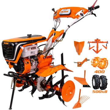 Ruris Motocultor pe benzina Ruris 732acc, putere maxim 8.5 CP, 208 CC, 4 timpi, 2+1 viteze, latime lucru 830 mm, adancime lucru 340 mm, contine: roti cauciuc 5.00-8+rarita+plug+adaptor+dispozitiv scos cartofi+roti metalice 400 fara manicot+cultivator