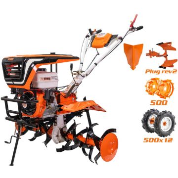 Ruris Motocultor pe benzina Ruris 915ACC, putere 15 CP, 420 CC, 4 timpi, 2+1 viteze, 110 cm latime lucru, 36 cm adancime lucru, contine: roti cauciuc + rarita + plug reversibil + roti metalice 500