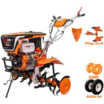 Ruris Motocultor pe benzina Ruris 918ACC, putere 18 CP, 460 CC, 4 timpi, 2+1 viteze, priza de putere, 110 cm latime lucru, 36 cm adancime lucru, contine: roti cauciuc + rarita + plug reversibil + roti metalice