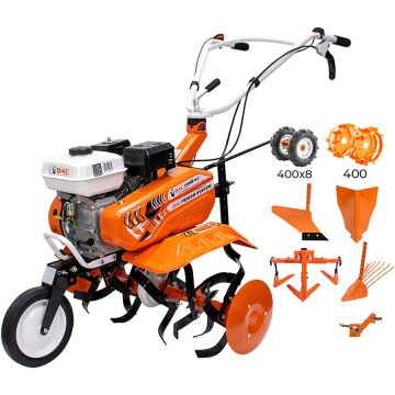 Ruris Motocultor pe benzina Ruris DAC 70002022acc3, putere 7 CP, 208 CC, 4 timpi, 2+1 viteze,83 cm latime lucru, contine: roti cauciuc + rarita + plug + adaptor + dispozitiv scos cartofi + roti metalice + cultivator