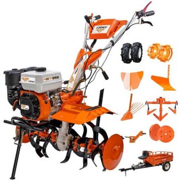 Ruris Motocultor Ruris 731acc3, 8.5 CP, roti cauciuc 5.00-8, rarita, plug, adaptor, dispozitiv scos cartofi, roti metalice 400 fara manicot, cultivator, set contragreutati 10kg, remorca ruris 550s